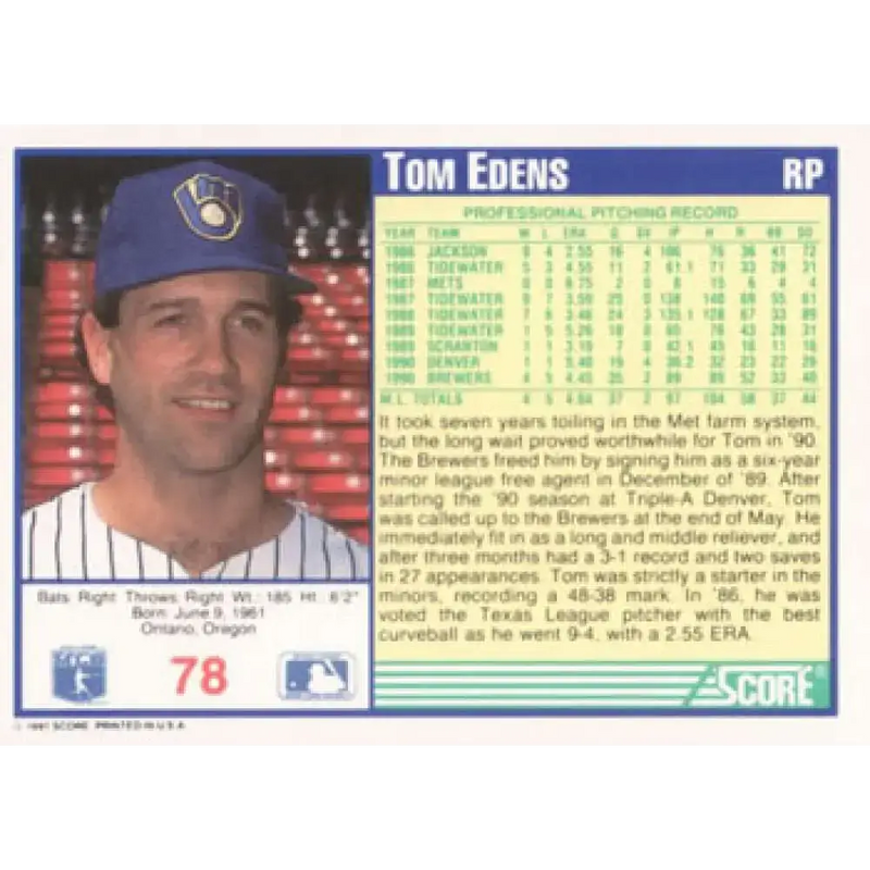 1991 Score #78 Tom Edens NM-MT RC Rookie Milwaukee Brewers Baseball Card - Baseball Card Single