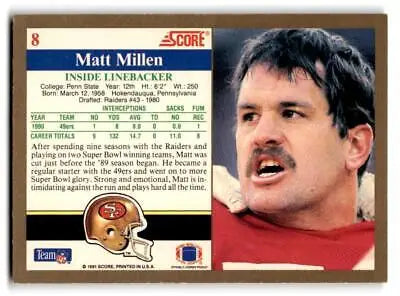 Matt Millen trading card from the 1991 Score collection, featuring Football star Matt Millen