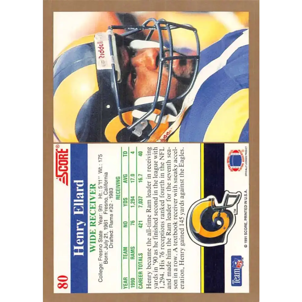 1991 Score #80 Henry Ellard EX Excellent Los Angeles Rams Football Card - Football Card Single