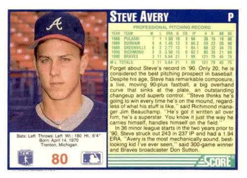 Original gloss 1991 Score Steve Avery baseball card featuring Steve Avery and Simply Sandoval