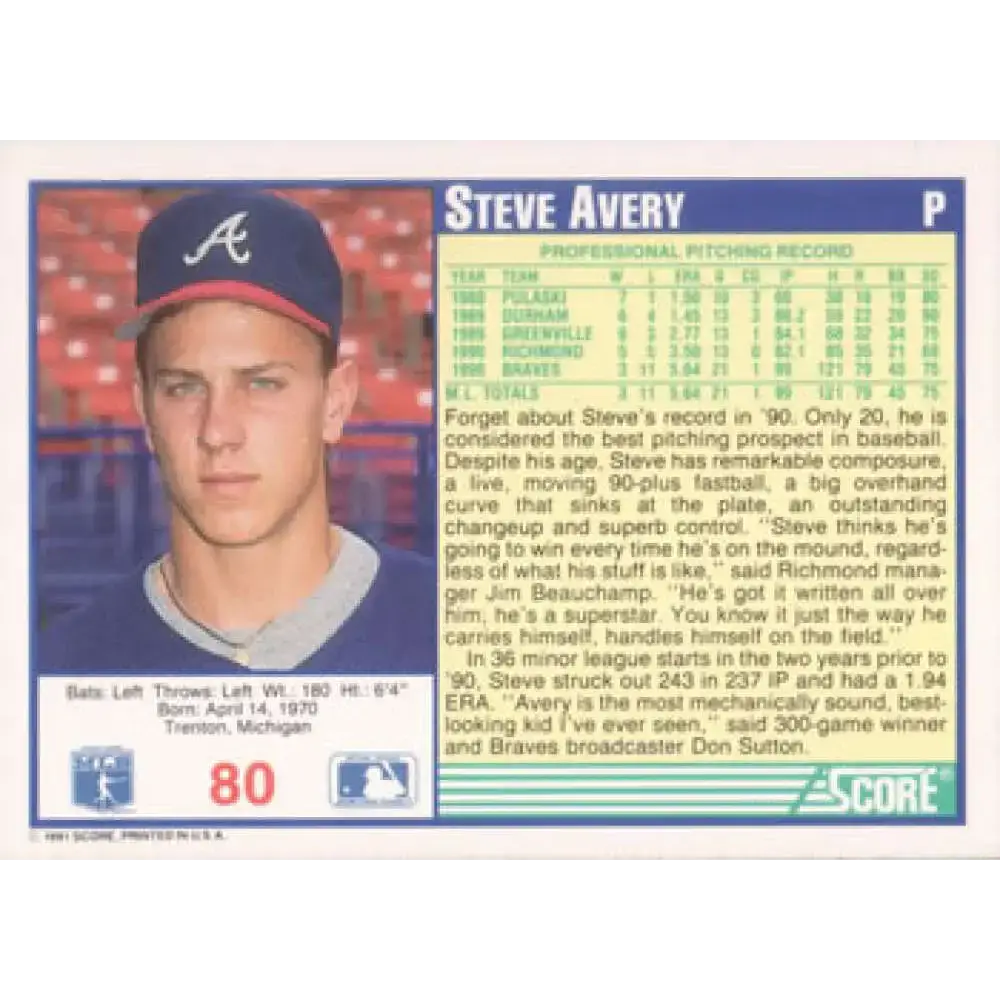 1991 Score #80 Steve Avery NM-MT Atlanta Braves Baseball Card - Baseball Card Single