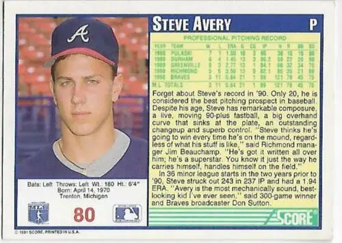 1991 Score #80 Steve Avery baseball card in original gloss, near mint condition