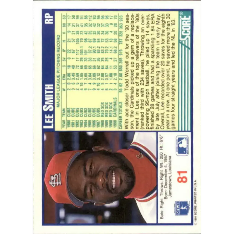 1991 Score #81 Lee Smith NM-MT St. Louis Cardinals Baseball Card - Baseball Card Single