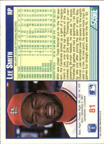 1991 Score #81 Lee Smith NM Near Mint Cardinals ID:13723 - Baseball Card Single