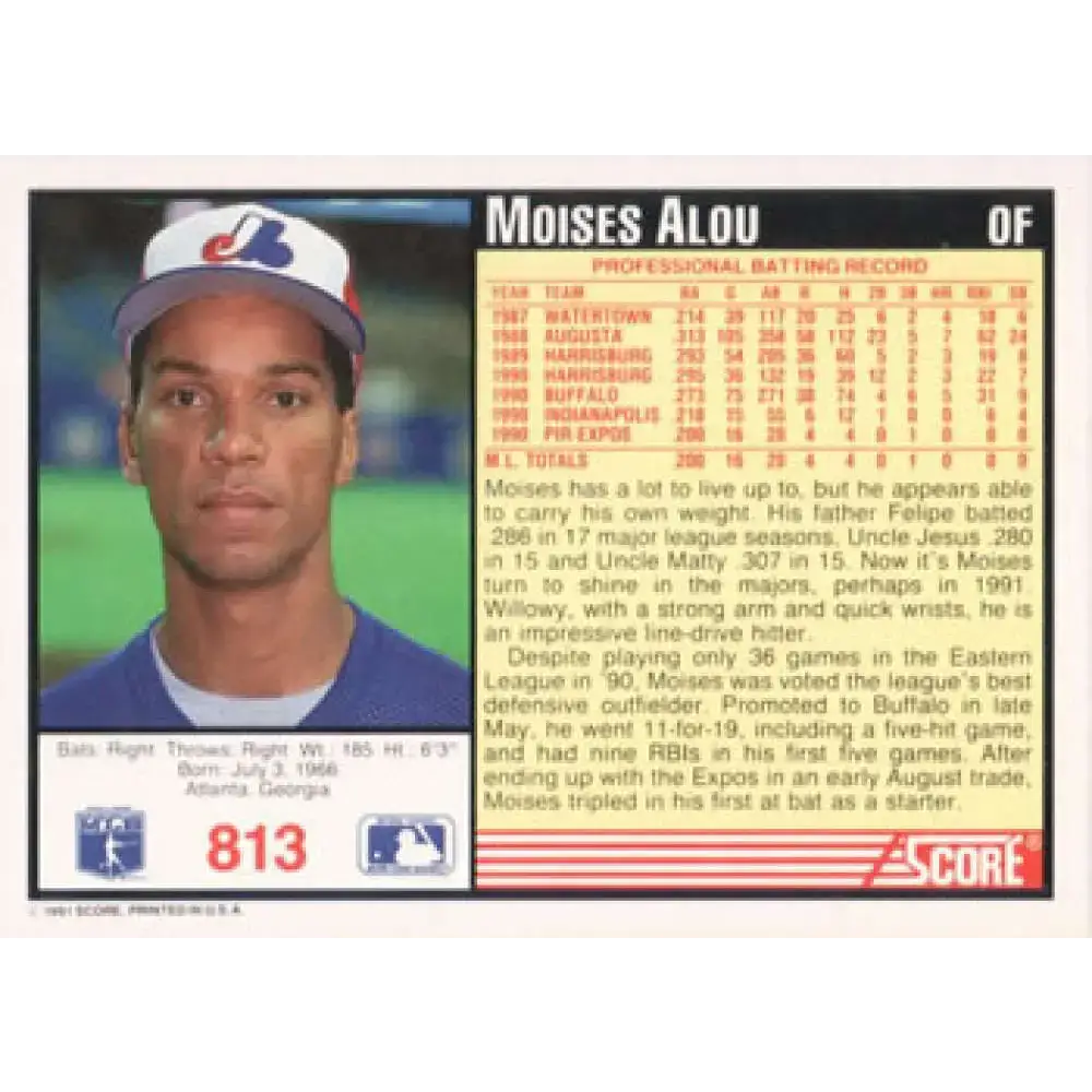 1991 Score #813 Moises Alou NM-MT Montreal Expos Baseball Card - Baseball Card Single
