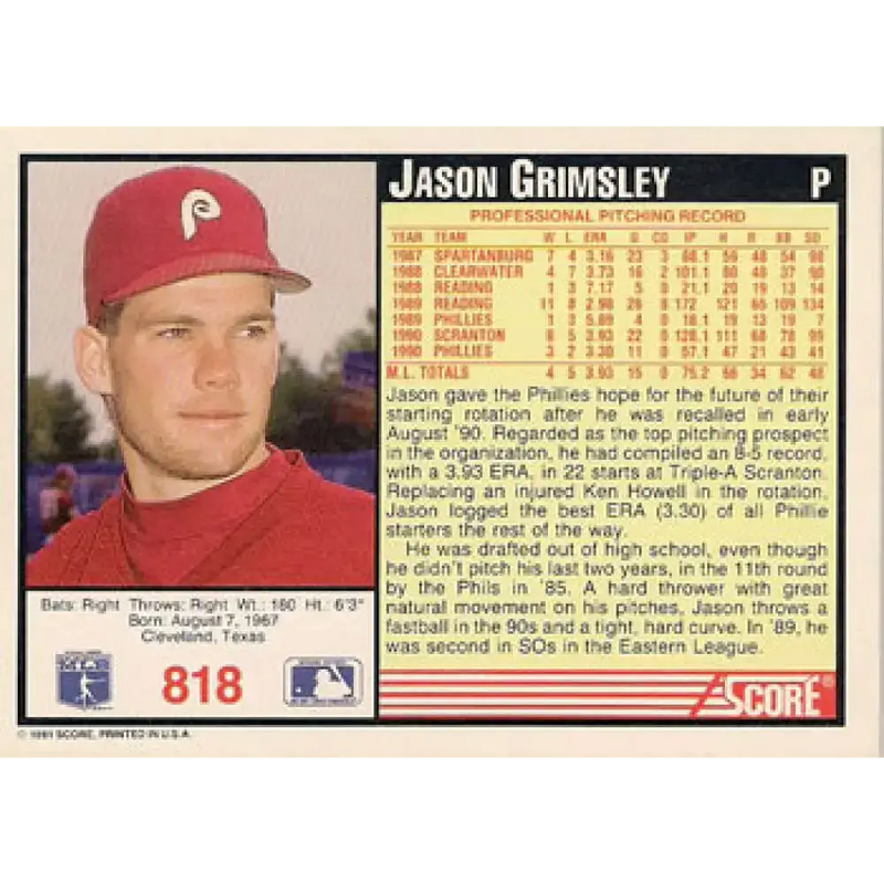 1991 Score #818 Jason Grimsley NM-MT Philadelphia Phillies Baseball Card - Baseball Card Single