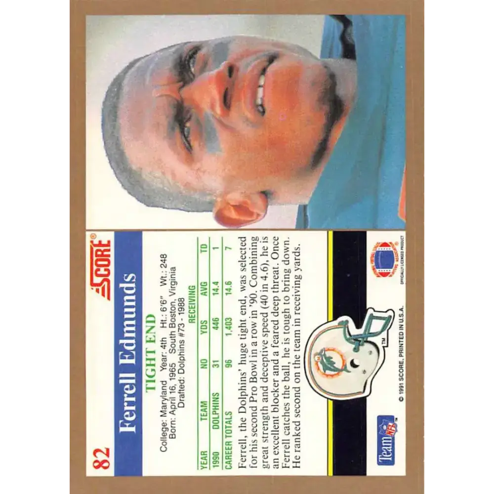 1991 Score #82 Ferrell Edmunds EX Excellent Miami Dolphins Football Card - Football Card Single