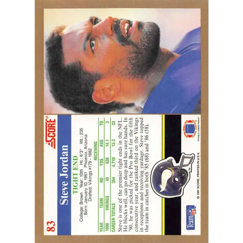 1991 Score #83 Steve Jordan EX Excellent Minnesota Vikings Football Card - Football Card Single