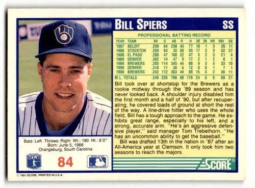 1991 Score Bill Spiers Milwaukee Brewers baseball card with original gloss in brewers baseball collection