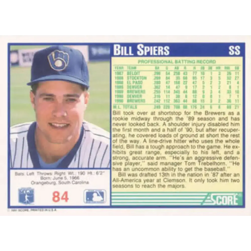 1991 Score #84 Bill Spiers NM-MT Milwaukee Brewers Baseball Card - Baseball Card Single