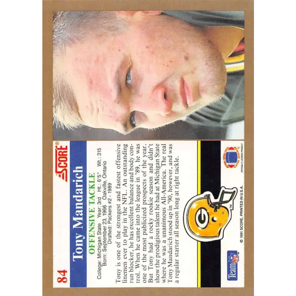 1991 Score #84 Tony Mandarich EX Excellent Green Bay Packers Football Card - Football Card Single