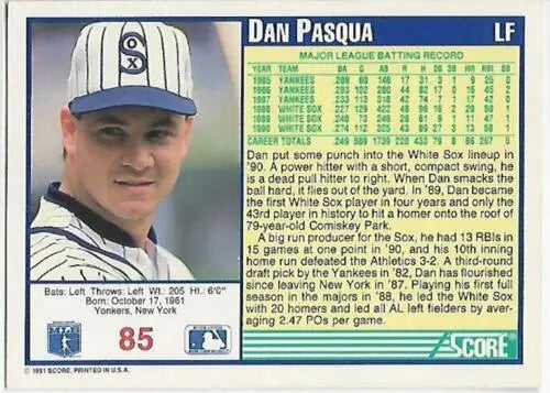 1991 Score #85 Dan Pasqua baseball card in original gloss near mint condition White Sox
