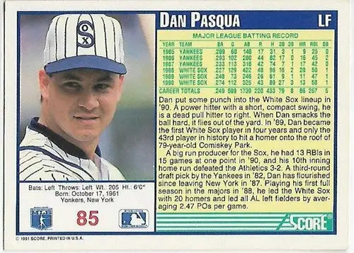 1991 Score #85 Dan Pasqua NM Near Mint White Sox - Baseball Card Single