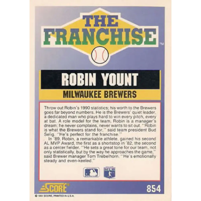 1991 Score #854 Robin Yount FRAN NM-MT Milwaukee Brewers Baseball Card - Baseball Card Single