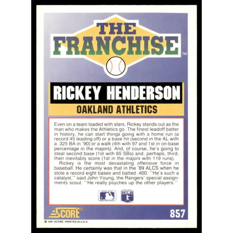 1991 Score #857 Rickey Henderson NM-MT Oakland Athletics Baseball Card - Baseball Card Single