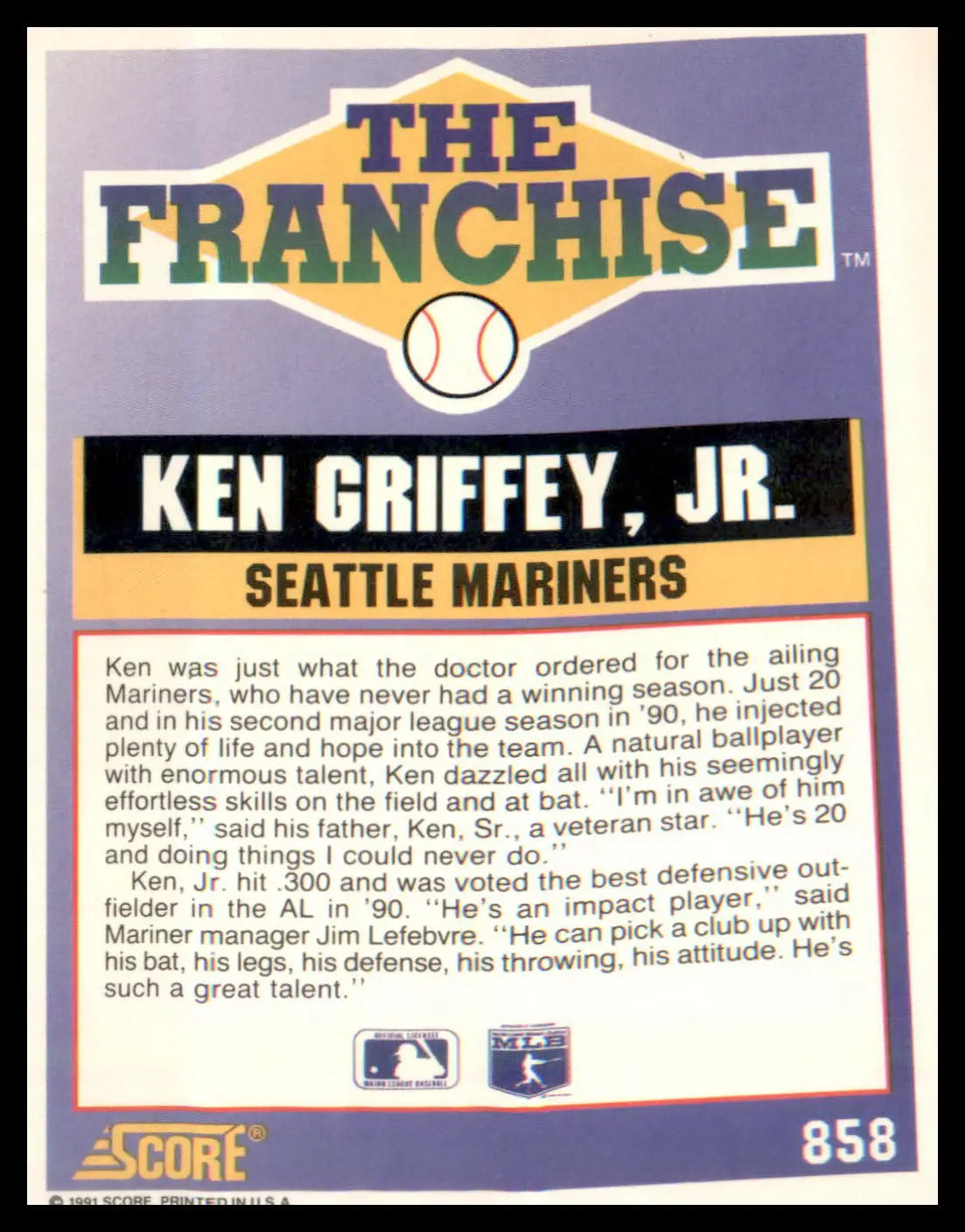 1991 Score #858 Ken Griffey Jr. - Baseball Card Single