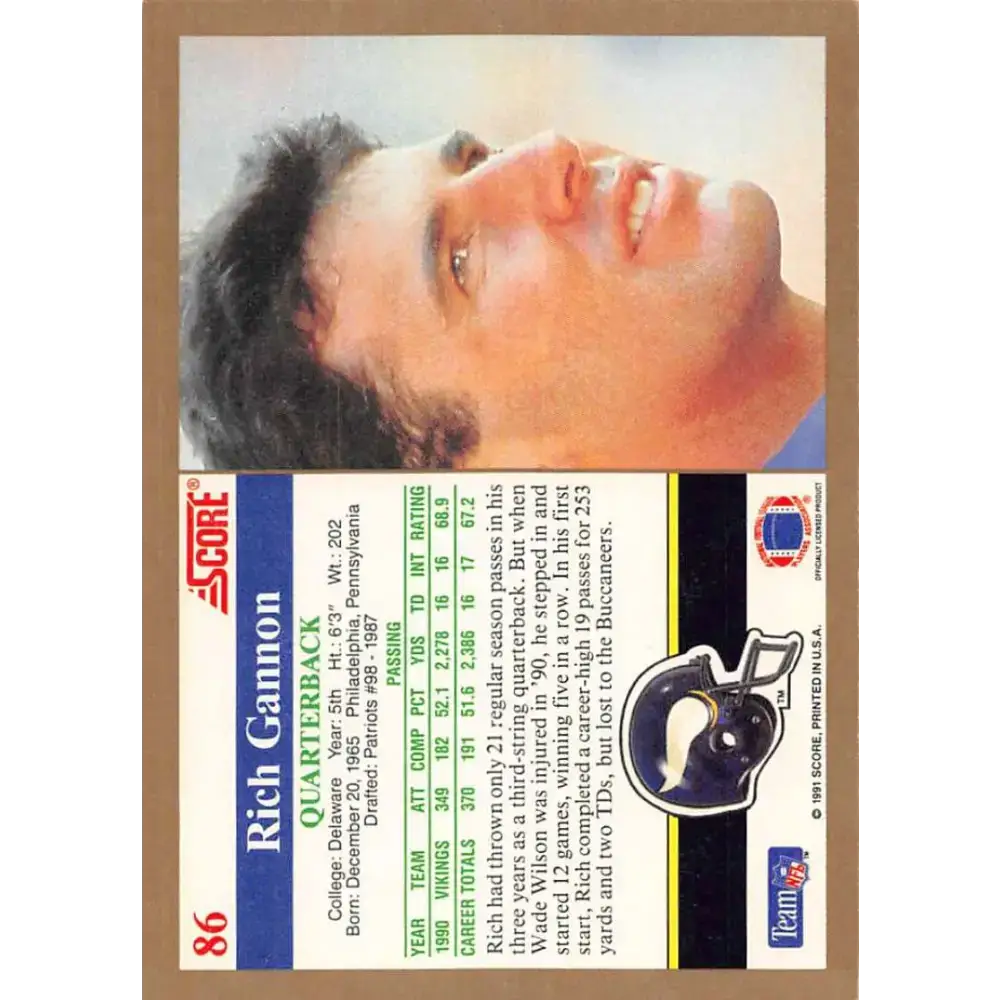1991 Score #86 Rich Gannon EX Excellent Minnesota Vikings Football Card - Football Card Single