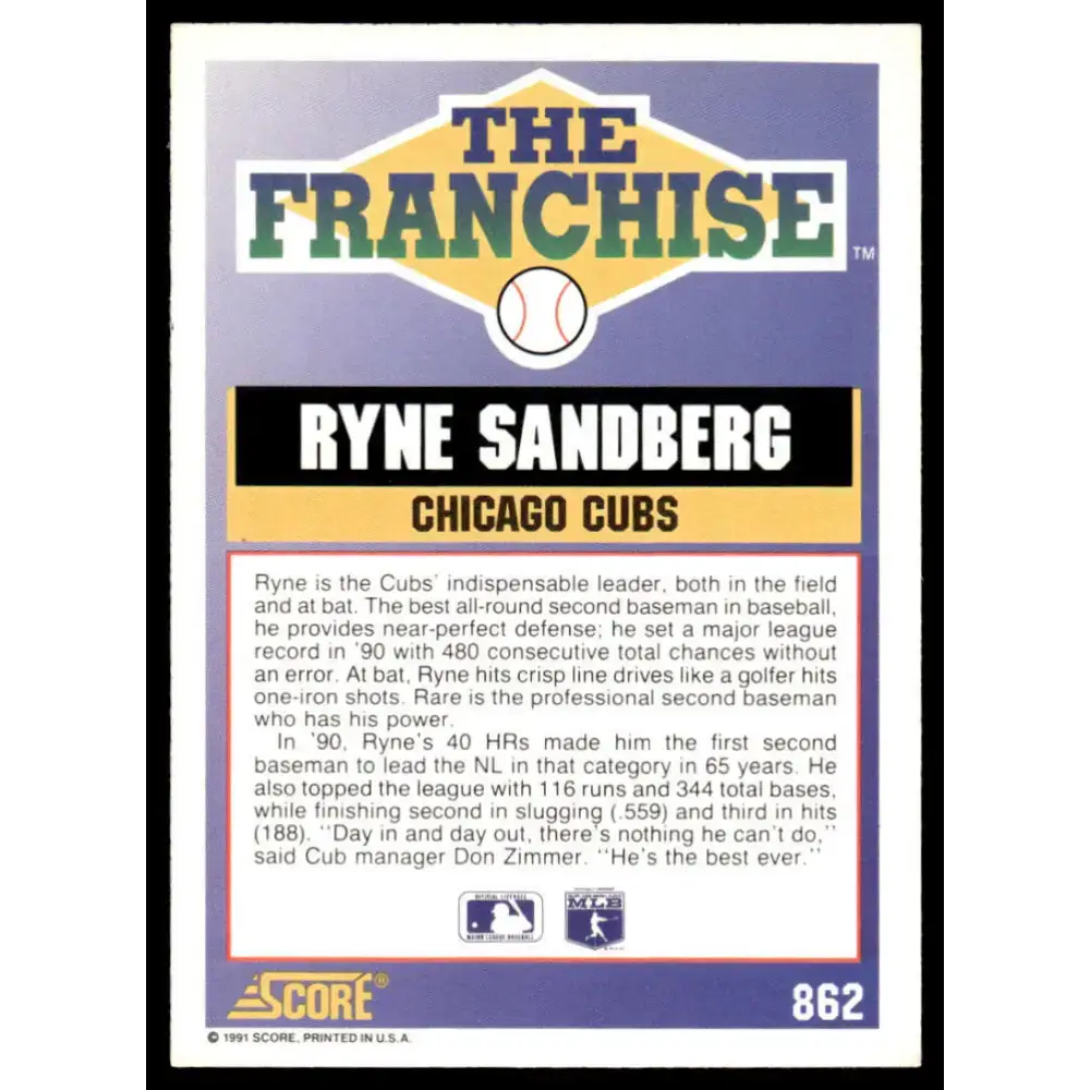 1991 Score #862 Ryne Sandberg EX Chicago Cubs Baseball Card - Baseball Card Single