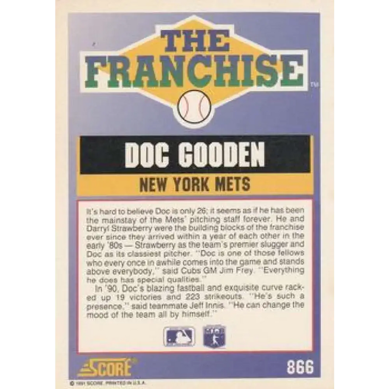1991 Score #866 Dwight Gooden FRAN NM-MT New York Mets Baseball Card - Baseball Card Single