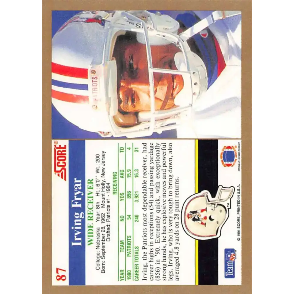 1991 Score #87 Irving Fryar EX Excellent New England Patriots Football Card - Football Card Single