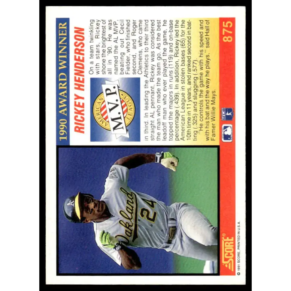 1991 Score #875 Rickey Henderson NM-MT Oakland Athletics Baseball Card - Baseball Card Single