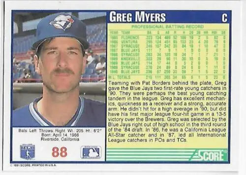 Original gloss 1991 Score #88 Greg Myers baseball card for Blue Jays collectors