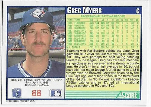 1991 Score #88 Greg Myers NM-MT Blue Jays - Baseball Card Single