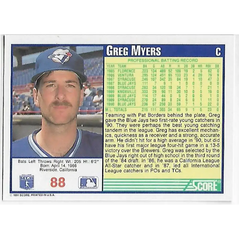 1991 Score #88 Greg Myers NM-MT Toronto Blue Jays Baseball Card - Baseball Card Single