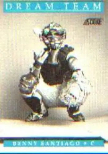 Original gloss Baseball catcher gear featuring Benito Santiago from 1991 Score card
