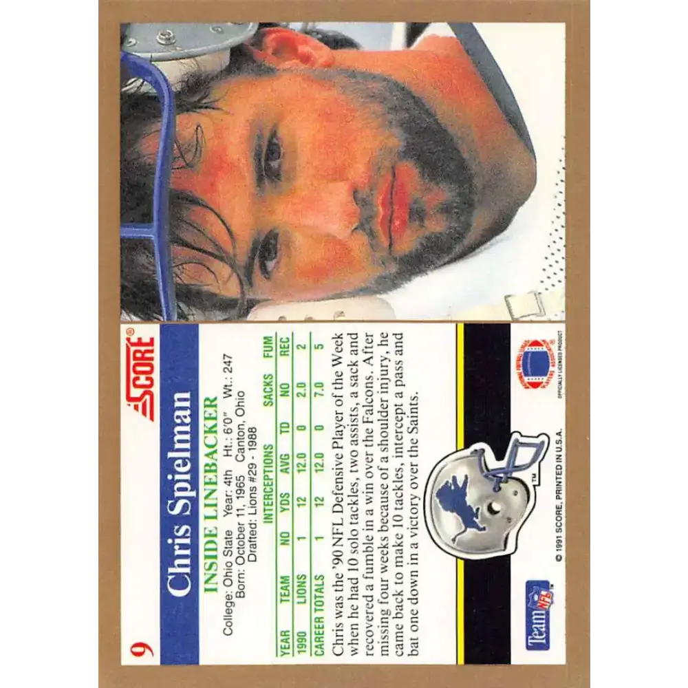 1991 Score #9 Chris Spielman EX Excellent Detroit Lions Football Card - Football Card Single