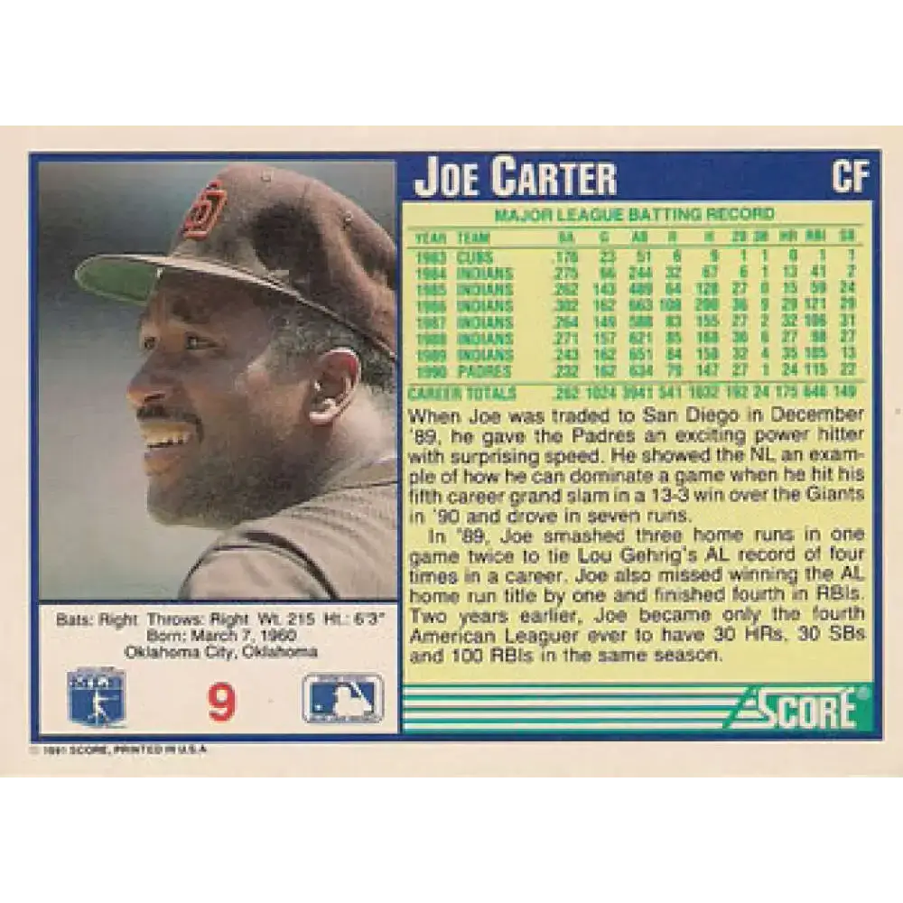 1991 Score #9 Joe Carter NM-MT San Diego Padres Baseball Card - Baseball Card Single