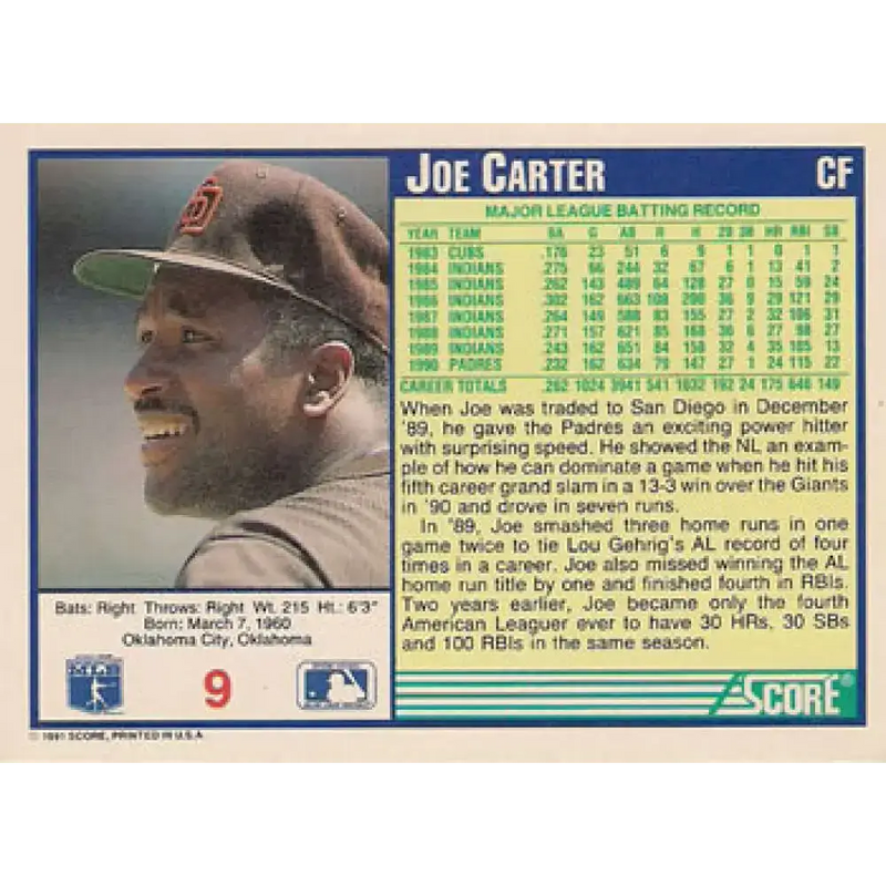 1991 Score #9 Joe Carter NM-MT San Diego Padres Baseball Card - Baseball Card Single