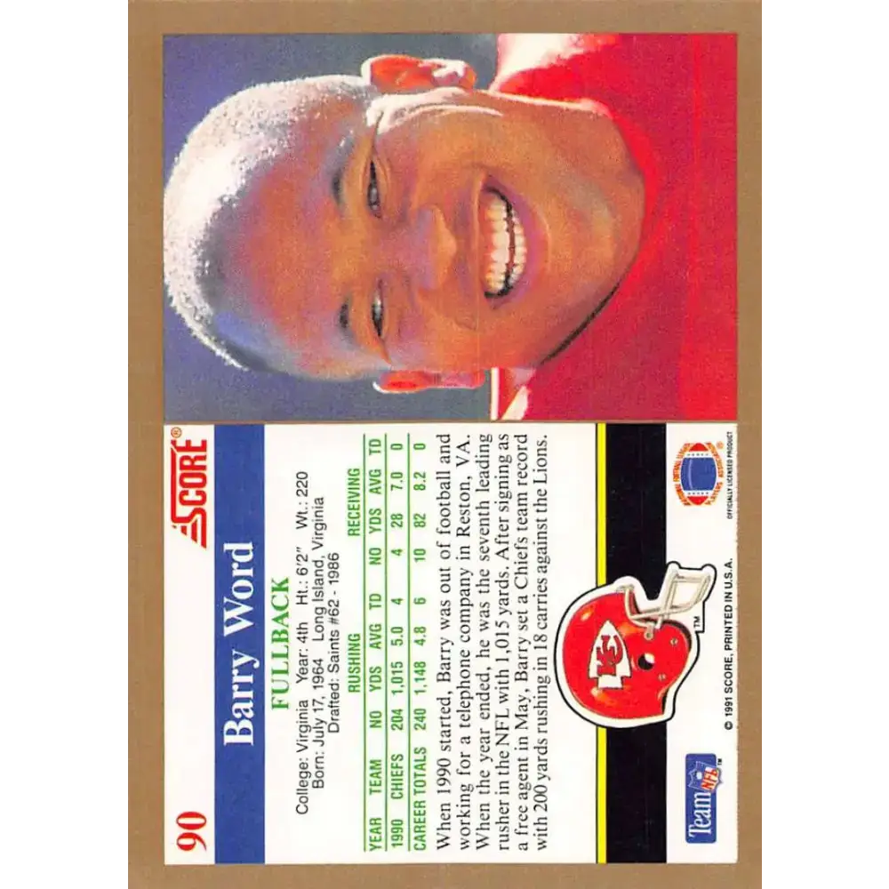 1991 Score #90 Barry Word EX Excellent Kansas City Chiefs Football Card - Football Card Single