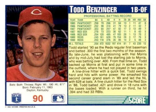 1991 Score #90 Todd Benzinger EX/NM - Baseball Card Single