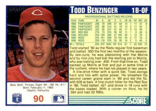 Original gloss Todd Benzinger baseball card from 1991 Score #90 featuring Simply Sandoval