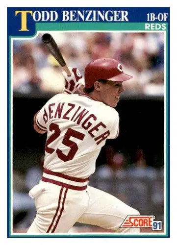 Original gloss Todd Benzinger baseball card from 1991 Score #90 featuring Simply Sandoval