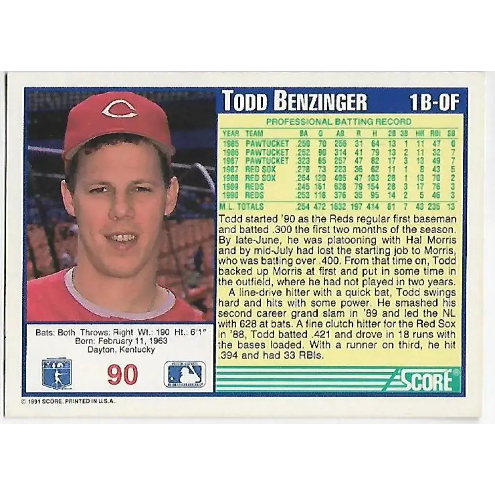 1991 Score #90 Todd Benzinger NM-MT Cincinnati Reds Baseball Card - Baseball Card Single
