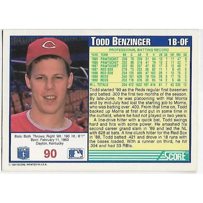 1991 Score #90 Todd Benzinger NM-MT Cincinnati Reds Baseball Card - Baseball Card Single