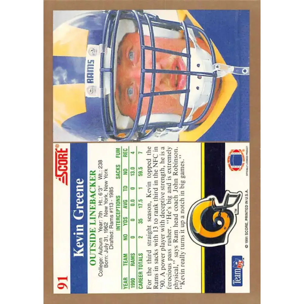 1991 Score #91 Kevin Greene EX Excellent Los Angeles Rams Football Card - Football Card Single