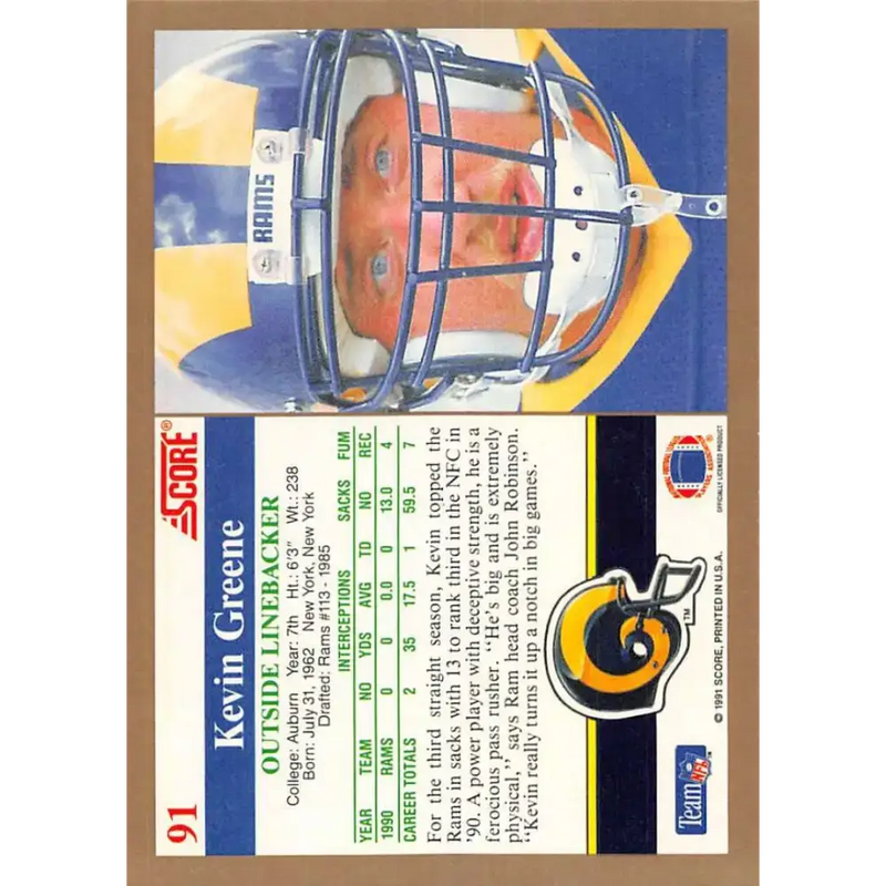 1991 Score #91 Kevin Greene EX Excellent Los Angeles Rams Football Card - Football Card Single