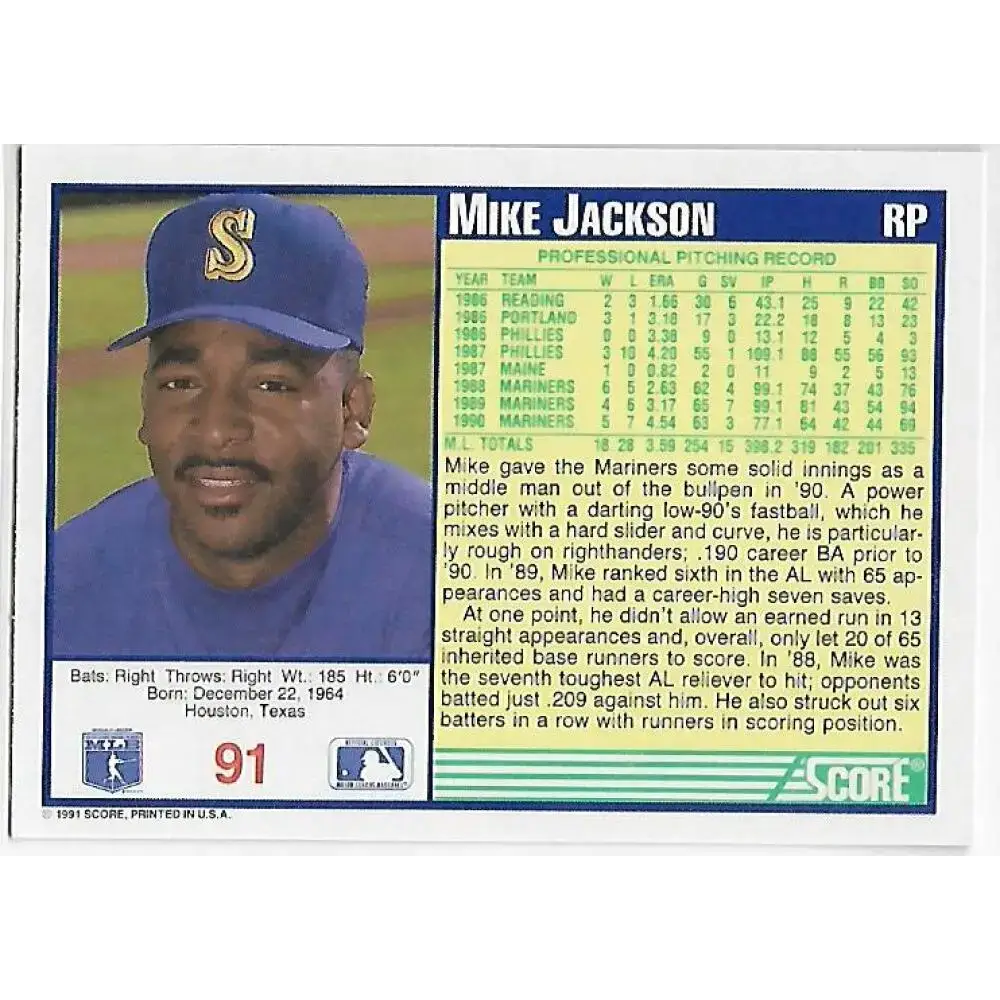 1991 Score #91 Mike Jackson NM-MT Seattle Mariners Baseball Card - Baseball Card Single