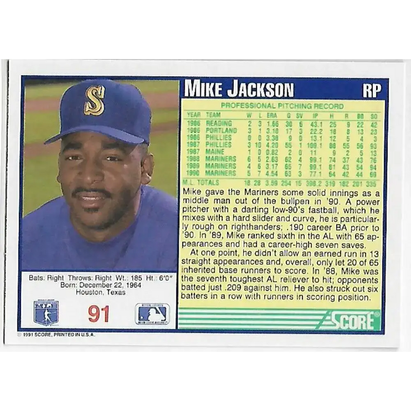 1991 Score #91 Mike Jackson NM-MT Seattle Mariners Baseball Card - Baseball Card Single