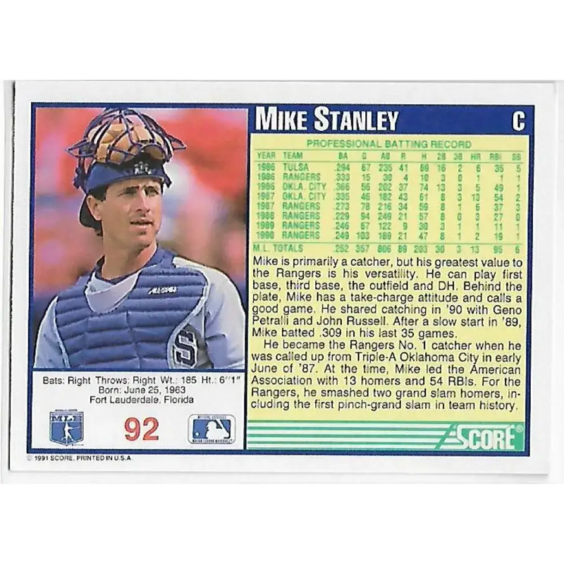 1991 Score #92 Mike Stanley NM-MT Texas Rangers Baseball Card - Baseball Card Single