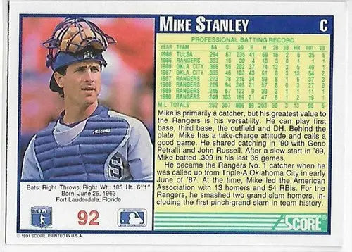 1991 Score #92 Mike Stanley NM Near Mint Rangers - Baseball Card Single