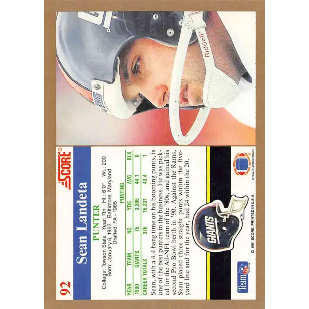 1991 Score #92 Sean Landeta EX Excellent New York Giants Football Card - Football Card Single