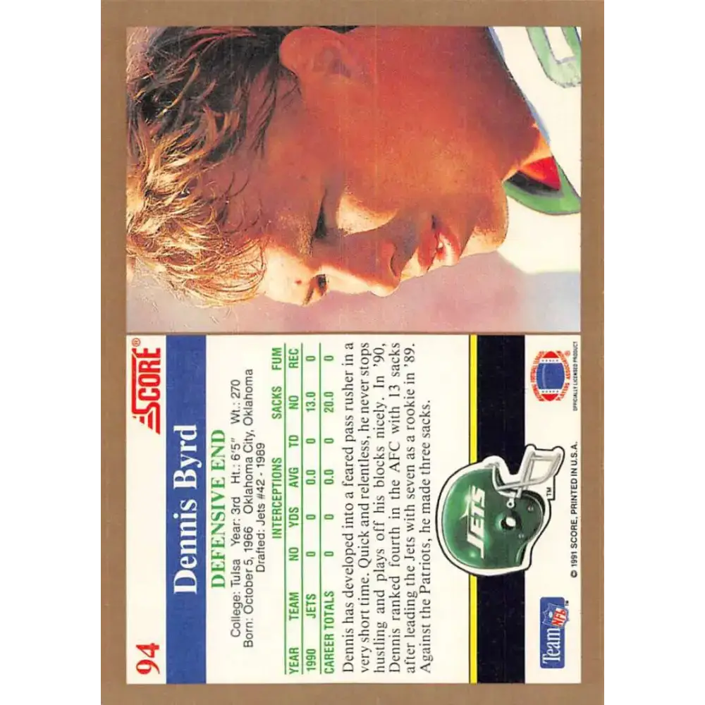 1991 Score #94 Dennis Byrd EX Excellent New York Jets Football Card - Football Card Single