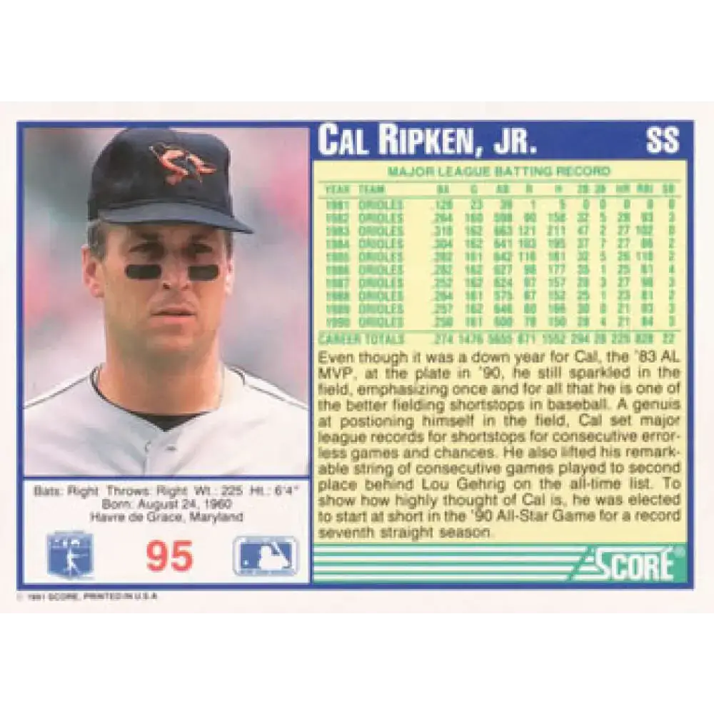 1991 Score #95 Cal Ripken Jr. NM-MT Baltimore Orioles Baseball Card - Baseball Card Single