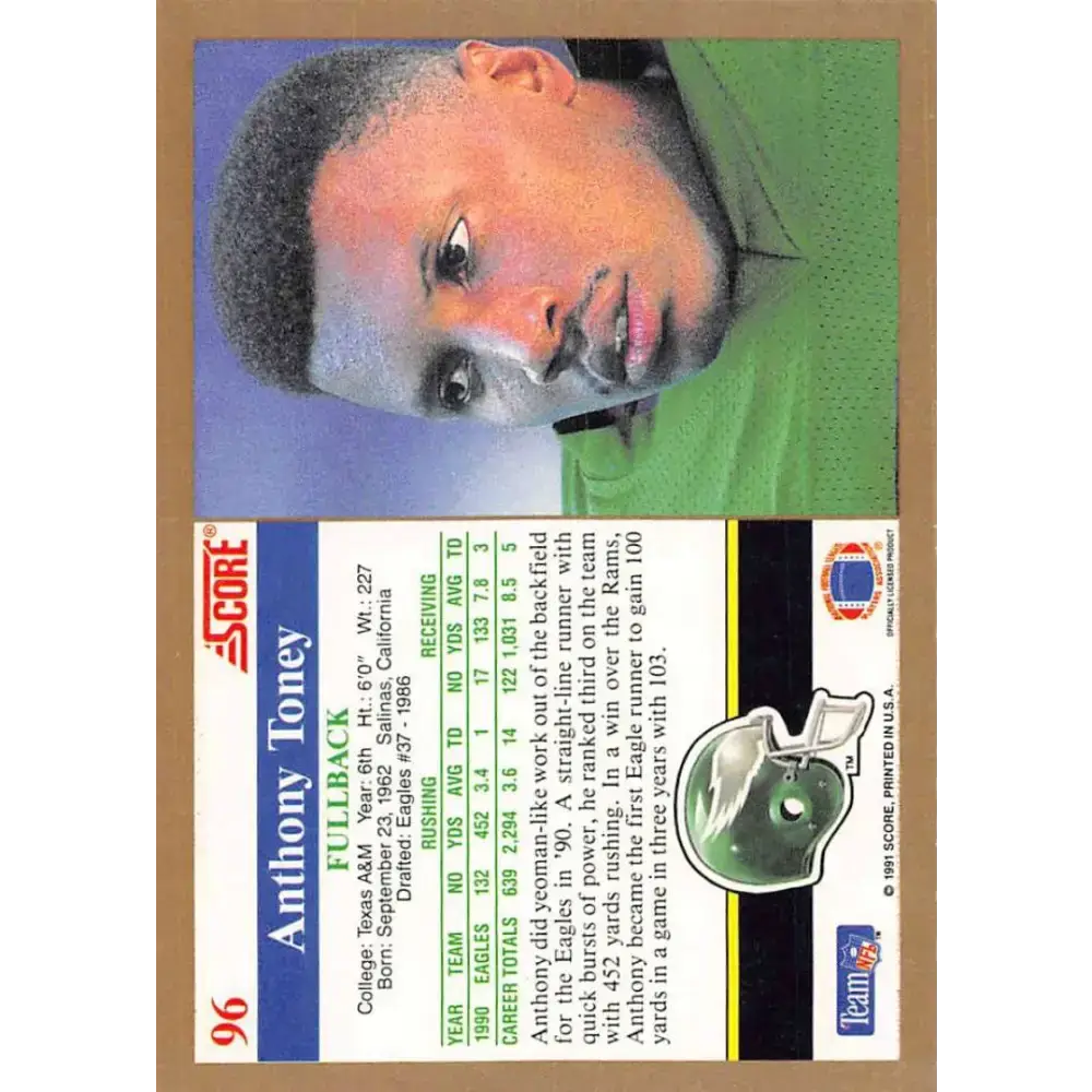 1991 Score #96 Anthony Toney EX Excellent Philadelphia Eagles Football Card - Football Card Single