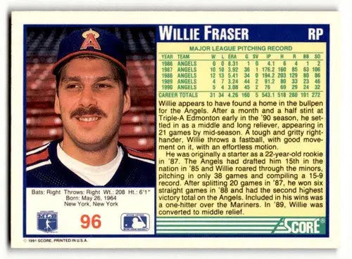 Original gloss Willie Fraser California Angels baseball card from 1991 Score #96