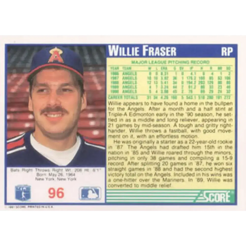 1991 Score #96 Willie Fraser NM-MT California Angels Baseball Card - Baseball Card Single